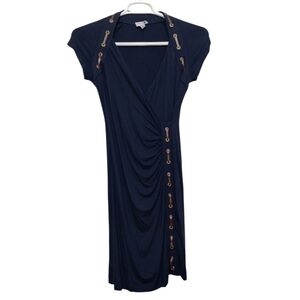 Carmen Marc Valo Sheath Dress Size S Faux Wrap Leather Trim Short Sleeve